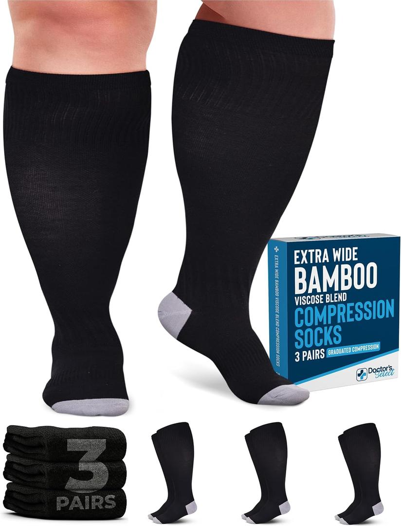 Doctor's Select® 3 Pairs Plus Size Compression Socks Wide Calf | Bamboo Viscose Knee High Extra Wide Calf Compression Socks Women & Men | Black