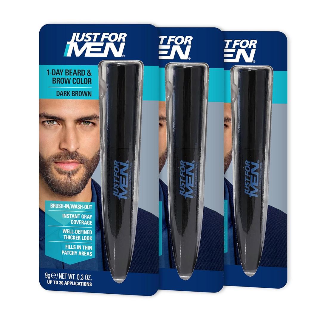Just for Men 1-Day Beard & Brow Color, Temporary Color for Beard and Eyebrows, For a Fuller, Well-Defined Look, Up to 30 Applications, Dark Brown, Ships in Eco-Friendly Packaging (Pack of 3)