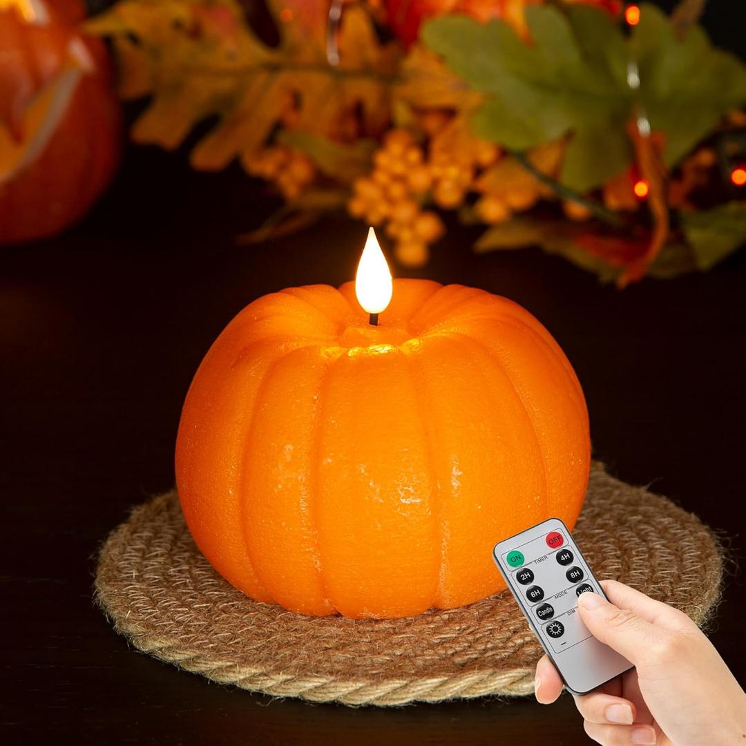 Fall Pumpkin Flameless Candles with Remote, LED Pumpkin Candles Thanksgiving Fall Decorations, Real Wax Battery Operated Electric Fake Candles Halloween (Orange)