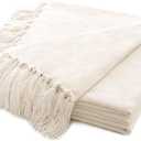 Throw Blanket Soft Cozy Chenille Throw Blanket with Fringe Tassel for Couch Sofa Chair Bed Living Room Gift (Ivory White, 50" x 60")