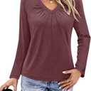 Womens Long Sleeve T Shirts V Neck Ruched Tops Loose Fit Pleated Tee Dressy Casual Tunic Blouses Fall Clothes (S)