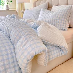 Tohrisa Boho Comforter Set Full Size - 3 Pieces Lightweight Jacquard Seersucker Bedding Sets (1 Soft Fluffy Grid Comforter & & 2 Pillowcases) - All Seasons Cozy Modern Bed Set(80"x90" Light Blue)