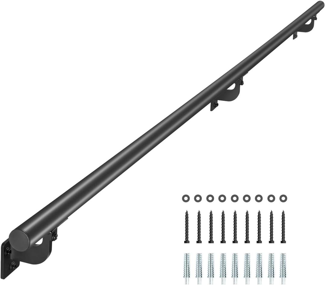 VEVOR Wall Mounted Stair Handrail, 7ft Pipe Staircase Handrail, Black Galvanized Aluminum, 1.26 inch Pipe Diameter, Indoor&Outdoor Staircase Railing,Industrial Hand Rail for Steps,Security Baluster