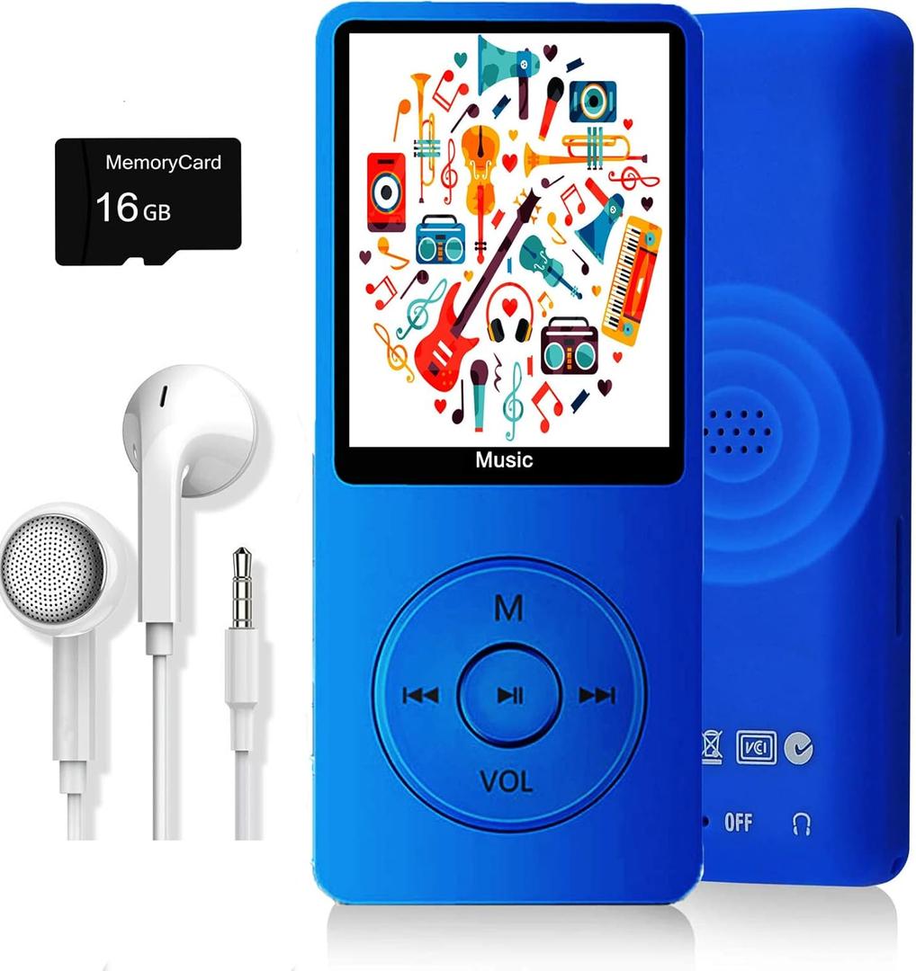 MP3 Player, Music Player with 16GB Micro SD Card, Build-in Speaker/Photo/Video Play/FM Radio/Voice Recorder/E-Book Reader, Supports up to 128GB (Dark Blue)