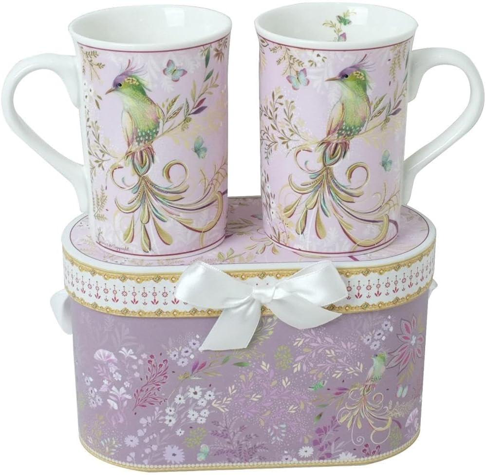 Lightahead Elegant Bone China Two Coffee Mugs Set in Bird Design 10.8 oz Each Cup in Attractive Gift Box (Multicolor)