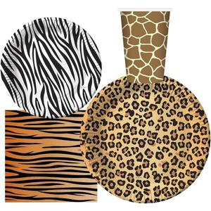 Serves 30 Guest Jungle Safari Zoo Animal Print Birthday Party Supplies Pack 9" Dinner Plates 7" Dessert Plates 12 oz Cups Napkins Zoo Animal Print Jungle Safari Themed