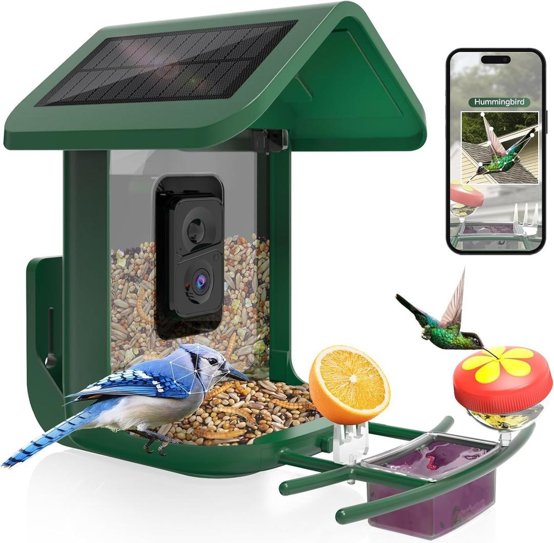 Bird Feeder with Camera Solar Powered : Smart Camera Bird Feeder 2K Live Feed Cam for Backyard - AI Identify Auto Capture Videos Pictures, Gifts for Birdlover Mom Dad, 2.4GHz WiFi (Green)