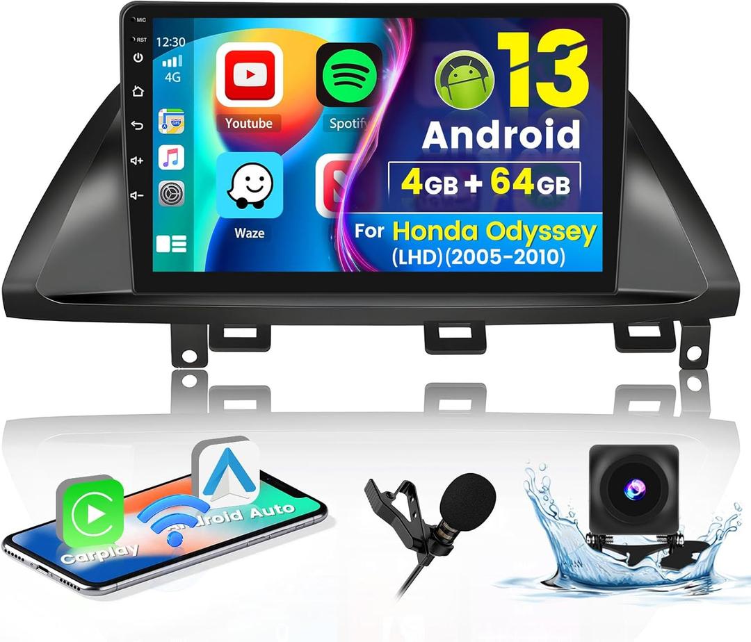 8-Core 4+64G Android 13 Car Stereo Upgrade Radio for Honda Odyssey 2005-2010, 10.1'' HD Touch Screen with Wireless CarPlay & Android Auto, AHD Backup Camera, Mirror Link, GPS Navi