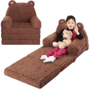 Kids Sofa, Sherpa Couch with Tri-Layer Foam Cushions, Comfy Seating for Kids Age 3–6 Years, Brown (Medium)