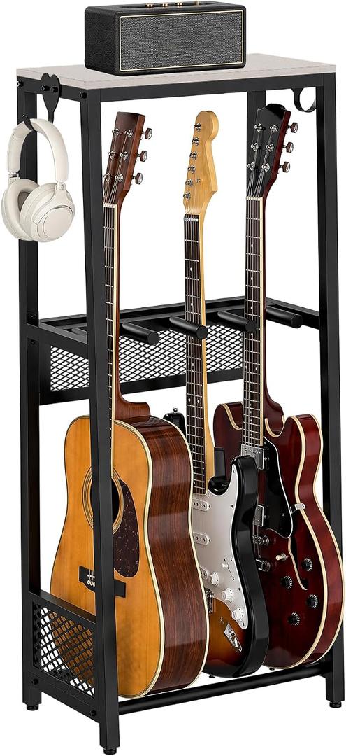 EmberGlow Multi Guitar Stand with Top Wood Display Shelf, 24.5lbs Heavy Duty Guitar Rack Floor Holder (1.2mm Thick Tubes), Patented Anti-Collision Mesh, Premium Instrument Accessories for Home Music Studio, GRAY