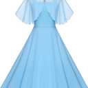 1950s Dresses for Women Vintage Goth Swing Cocktail Dress with Pockets and Chiffon Shawl (3X-Large, Light Blue)