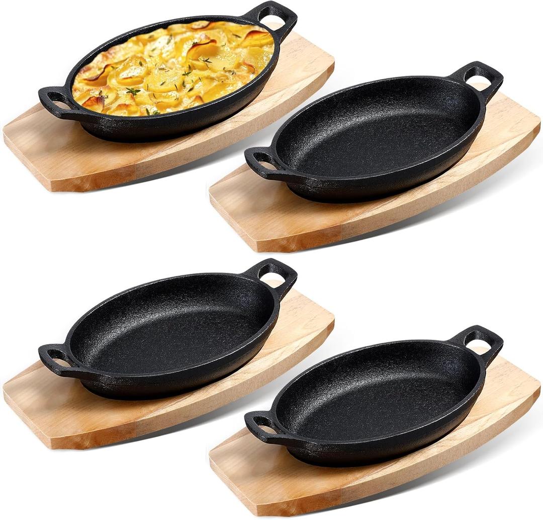 Mifoci 4 Pcs Cast Iron Skillet with Wooden Base Mini Cast Iron Fajita Plates Baker's Skillet Matte Black Small Pan for Kitchen Restaurant Barbecue Dinner (8.7 x 4.7 x 1.6 Inches)
