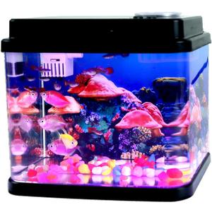 Mini Fish Tank Small Aquarium 1 Gallon Fish Bowl 6 Color Auto-Looping Light 3 in 1 Quiet Pump with Filteration & Oxygenation & Circulation,Submarine Background,Thickened Base