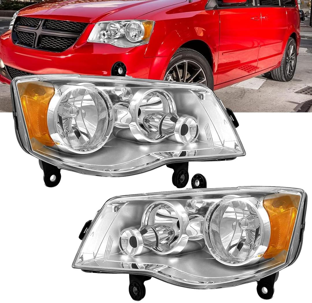 APSVE 2PCS Chrome Headlight Compatible with 2011 2012 2013 2014 2015 2016 2017 2018 Dodge Grand Caravan For 2008-2016 Chrysler Town & Country Headlight+Corner Parking Turn Signal Marker Light, Clear