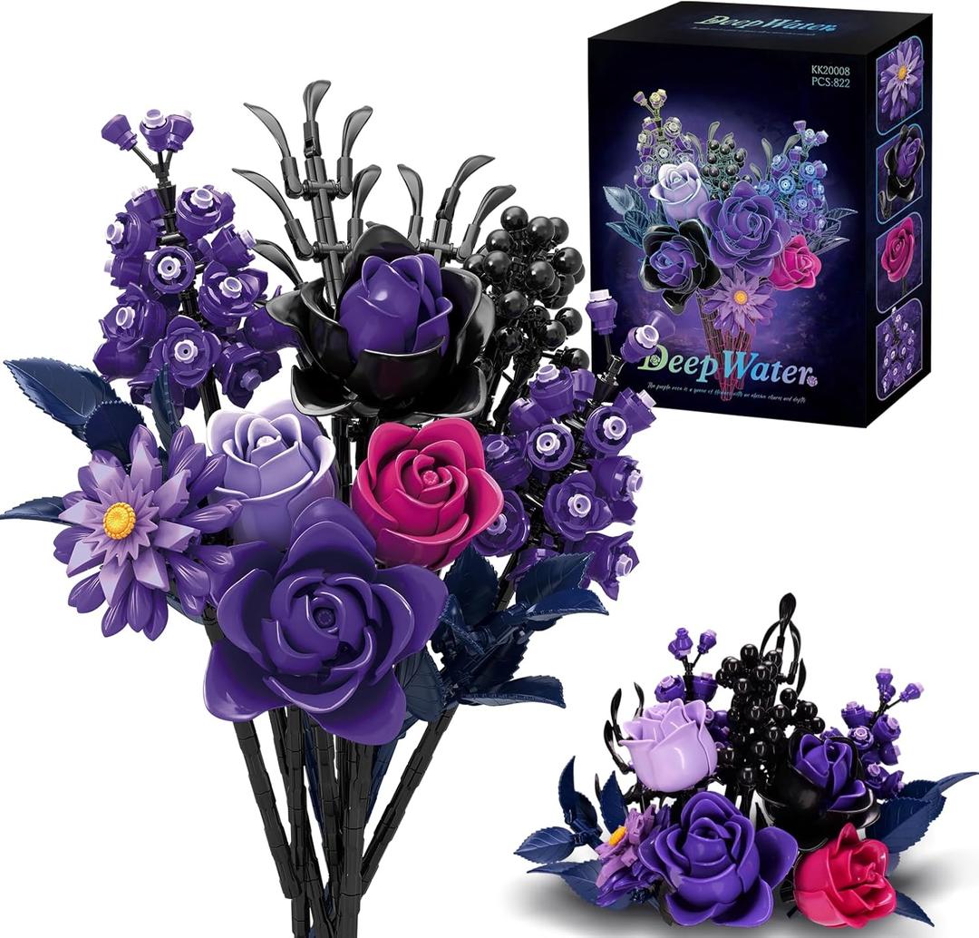 Ideas Halloween Purple Flowers Gothic Rose, Compatible with Lego Flowers Gift for Adults Women Girls Home Botanical Decoration for Birthday, Mother's Day, Christmas 8-16+ (822PSC)