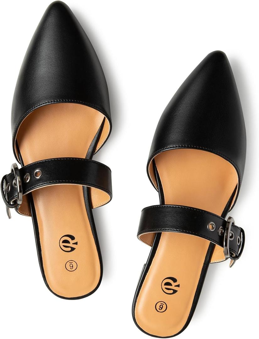 Rekayla Mules for Women Adjustable Strap Pointed Toe Backless Loafer Shoes (9.5, Pu Black)