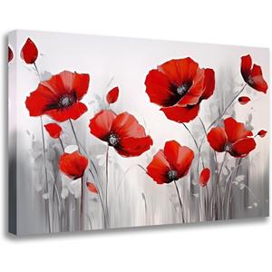 GLOKAK Red Poppies Wall Art - Modern Floral Red Poppy Flower on Grey Background Painting Poster Canvas Print Artwork For Home Bathroom Bedroom Decoration (24"x16")