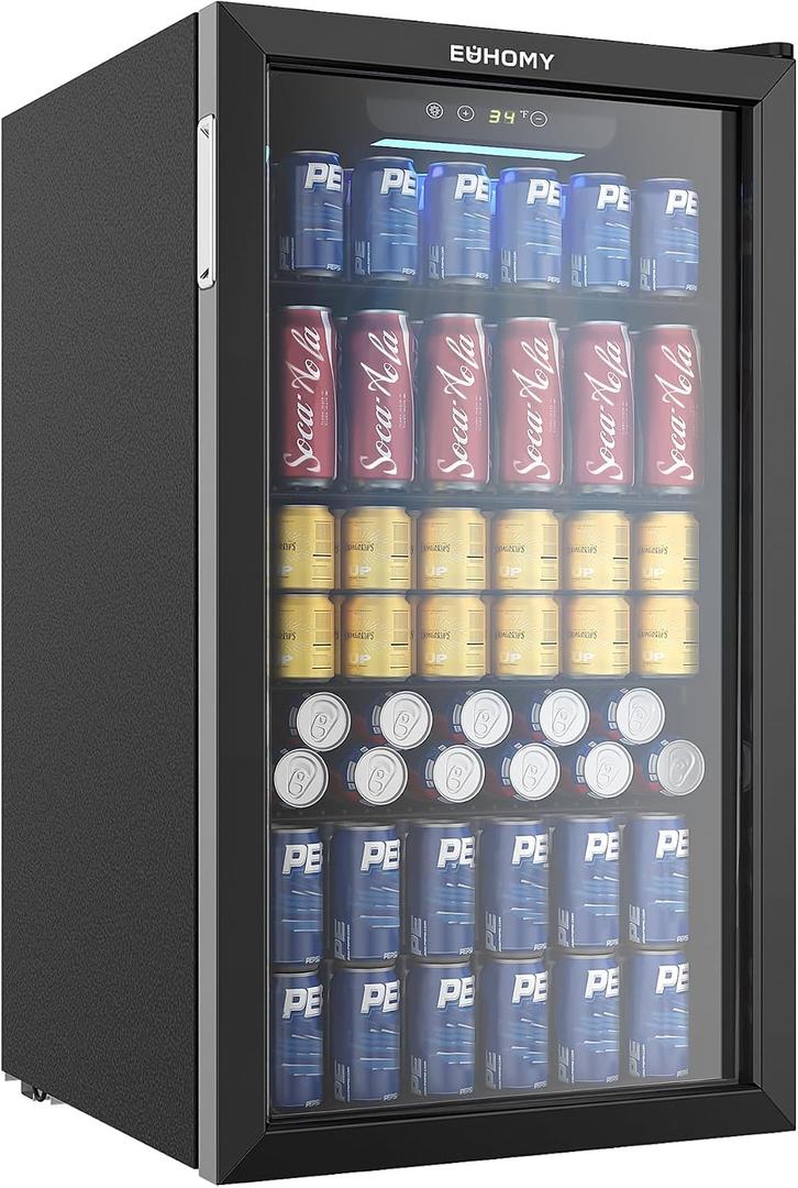 EUHOMY Beverage Refrigerator Cooler, 125 Can Mini Fridge with Glass Door for Soda Beer or Wine, Beverage Cooler for Home, Office, Bar with Adjustable Removable Shelves, Black, 3.2 CUFT-Flat Shelf