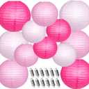 Paper Lanterns Decorative, Pink Hanging Round Chinese Lanterns with Lights for Engagement Bachelorette Birthday Party 12 LED Light Pack of 12
