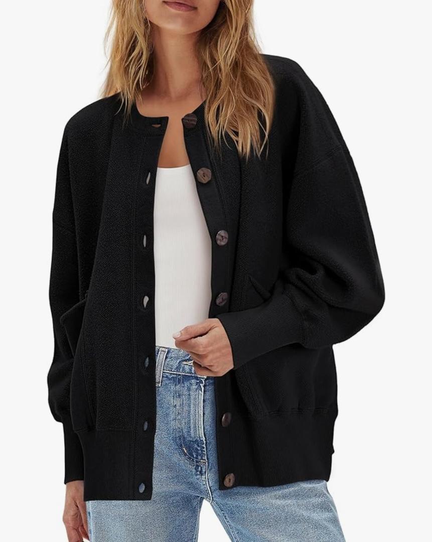 ReachMe Womens Fall Oversized Sweatshirt Cardigan Button up Lightweight Cardigan Long Sleeve Open Front Jacket with Pockets S