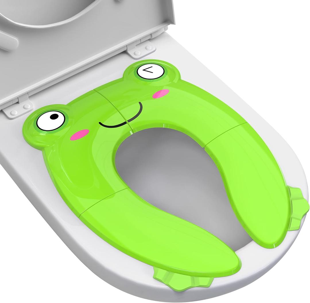 Portable Potty Seat for Toddler Travel - Foldable Non-Slip Potty Training Toilet Seat Cover for Boys Girls, Baby Kids with Drawstring Bag (Green Frog)