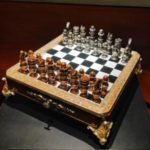 Luxury Vintage Resin Chess Set with18.5''Board Retro European Classical International Chess Game,Collectible Chessboard with Detailed Bronze & Silver Pieces, Elegant Table Decor Gifts