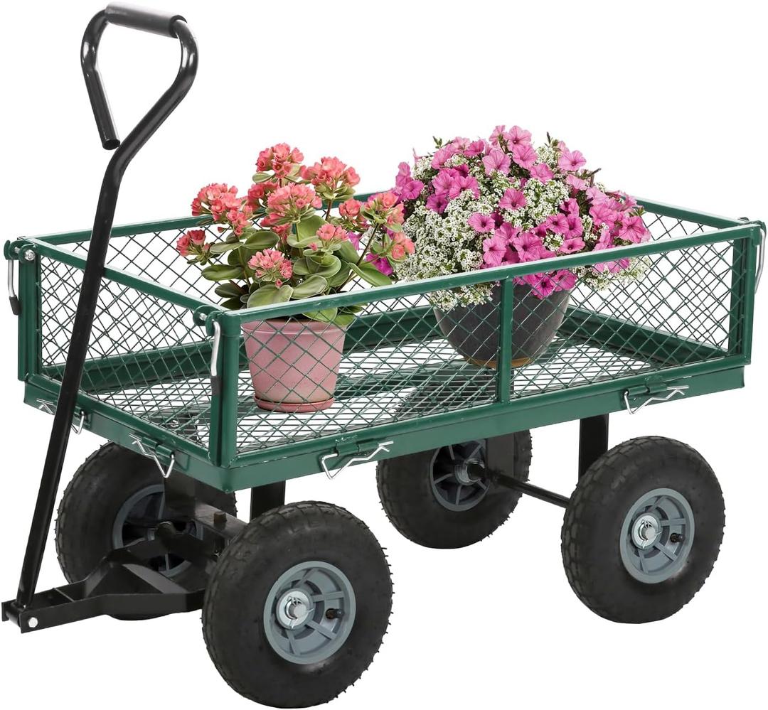 FDW Garden Cart Streel Heavy Duty 500 LBS CapacityUtility Cart Wagon with Removable Sides and 180Rotating Handle for Yard, Lawn and Garden Hauler (Green)