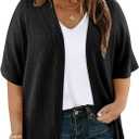 Eytino Womens Plus Size Cardigan Casual Short Sleeve Waffle Knit Kimono Open Front Tops(1X-5X) (Black, 1X)