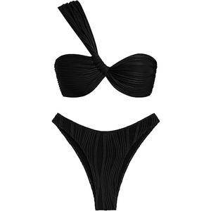 ZAFUL Women's One Shoulder Bikini Twisted Ruched High Cut Bandeau Bikini Set Two Piece Swimsuit Swimwear (0Black, L)