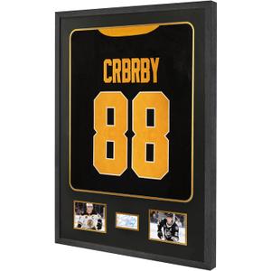 Jersey Display Frame Case with Mat, Large Sport Jersey Shadow Box with Tempered Real Glass and Hanger for Baseball Basketball Football Soccer Hockey Shirt and Uniform, Two 4x6 Photos, Black