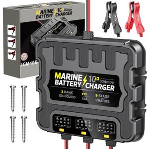 Smart 3 Bank Marine Battery Charger 10X3, 30A (10A/Bank) 12V,Waterproof,lifepo4 Lithium Boat Battery Charger Maintainer and Desulfator for AGM, Lithium,Deep-Cycle Batteries Boat Accessories