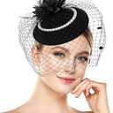 Veil Pillbox Hat Fascinators Hats for Women - Vintage Cocktail Tea-Party-Hat with Pearl for Wedding Briding