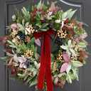 24 Inch Pre-Lit Christmas Wreath for Front DoorChristmas Door Wreath with LED Lights, Velvet Bow, Gold Balls and Berries, Lighted Christmas Wreath Winter Decorative for Window Hall Outdoor