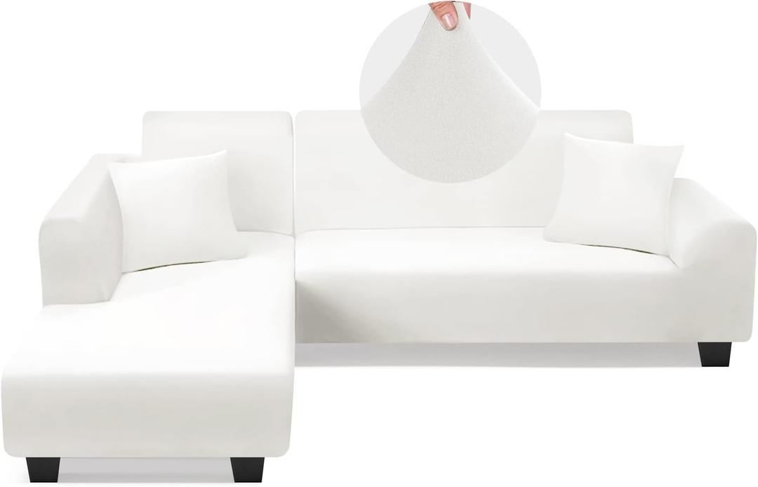 Sectional Couch Covers L Shape Sofa Covers Super Stretch 2pcs Sofa Slipcovers for 3 + 3 Seaters Sectional Chaise Slipcover with 2pcs Pillow Covers for Pets Kids, White