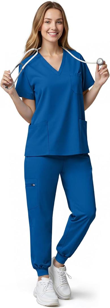 Sumincarly Scrubs for Women, 9-Pocket Soft V-Neck Top and Stretch Jogger Pants, Medical Uniform for Nurses, Doctors Size L
