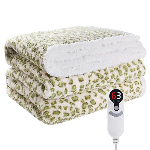 Eydna Electric Heated Blanket Throw Size 50"×60" with 9 Heating Levels & 1-10 Hs auto Off, Heating Throw Double Sided Sherpa, Energy Efficient, Machine Washable, Leopard Print Green & White