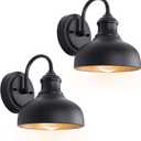 7in Black Gooseneck Lights for Farmhouse, 2 Pack Outdoor Barn Light Fixture, Exterior Porch Door Wall Mount Lighting with Gold Interior, Small Wall Sconce for Balcony, Garage, House