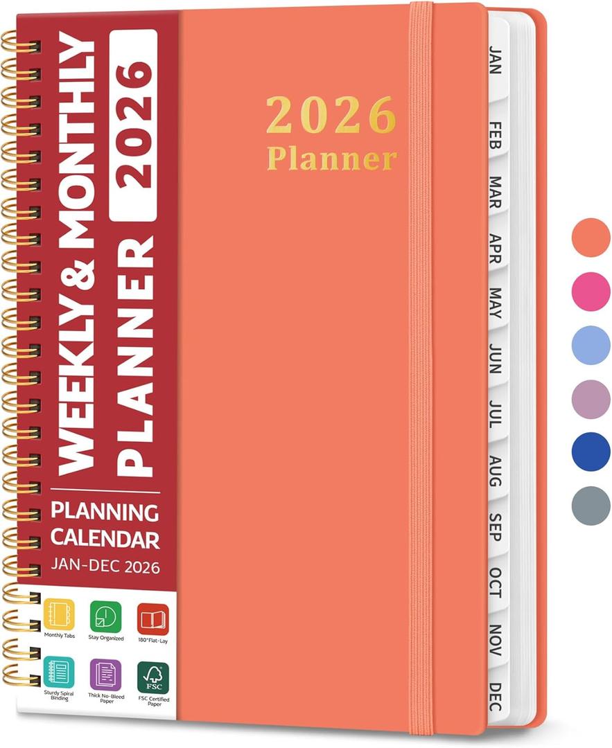 2 x 2026 Planner, Weekly and Monthly Calendar Planner, January 2026 - December 2026, Hardcover 2026 Calendar Book with Tabs For Women & Men, Inner Pocket, Spiral Bound, Perfect for Office Home School Supplies - A5 (6.3" x 8.5"), Coral