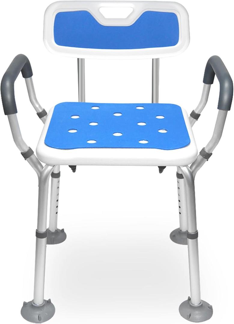 Shower Chair with Arms Heavy Duty Bath Chair with Back Inside Shower Transfer Bath Seat Padded Bench Portable Lift Height Adjustable Legs for Bathtub Non-Slip feet