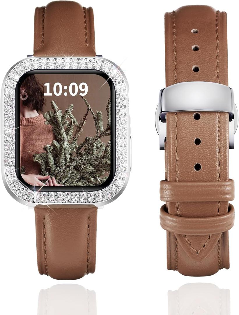 BINLUN Leather Band Compatible with Apple Watch 46mm 45mm 44mm 42mm 41mm 40mm Women Leather Strap with Glitter Diamond Case Compatible with iWatch Series 11/10/9/8/7/SE3/SE2/SE/6/5/4 (Brown-Silver)