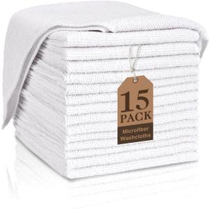 TEAWOO White Washcloths 15 Pack, Highly Absorbent & Quick Drying Face Towels, Premium Quality Soft Bath Towels, Multipurpose Microfiber Wash Cloths, 12x12 inches