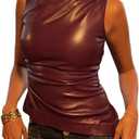 Women's PU Leather Tank Top Mock Neck Ruched Sleeveless Y2k Pleated Asymmetrical Shirts with Zipper