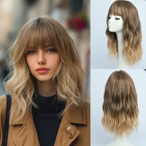 Ombre Wigs with Bangs for Women Synthetic 16inch Medium Length Ombre Blonde Wigs with Natural Long Wave Fringe Bang wig Heat Resistant Hair for Daily Party Use