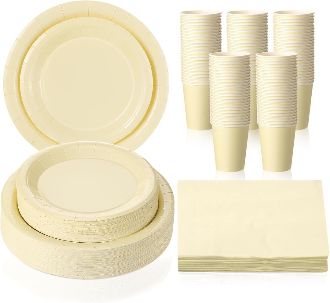 Tioncy 200 Pcs Disposable Paper Plates Cups and Napkins Party Supplies Serve 50 Guests Disposable Paper Dinnerware Set for Graduation Birthday Wedding Baby Shower Family Picnic(Yellow)