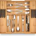 Purawood Kitchen Drawer Organizer with Knife Blocks - Utensil Drawer Organizer for Kitchen, Cutlery Tray & Silverware Organizer, 3-5 Slots - Bamboo Organizer for Utensils & Flatware (Natural)
