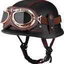 Yesmotor Motorcycle Half Helmet Retro German Handmade Leather Half Face Quick Release Buckle & Goggles - DOT Approved (Black & Red Line, L)