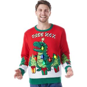 Giggling Getup Ugly Christmas Sweater with Light, LED Ugly Christmas Sweater for Women Men Kids 2025 Dinosaur(Red)
