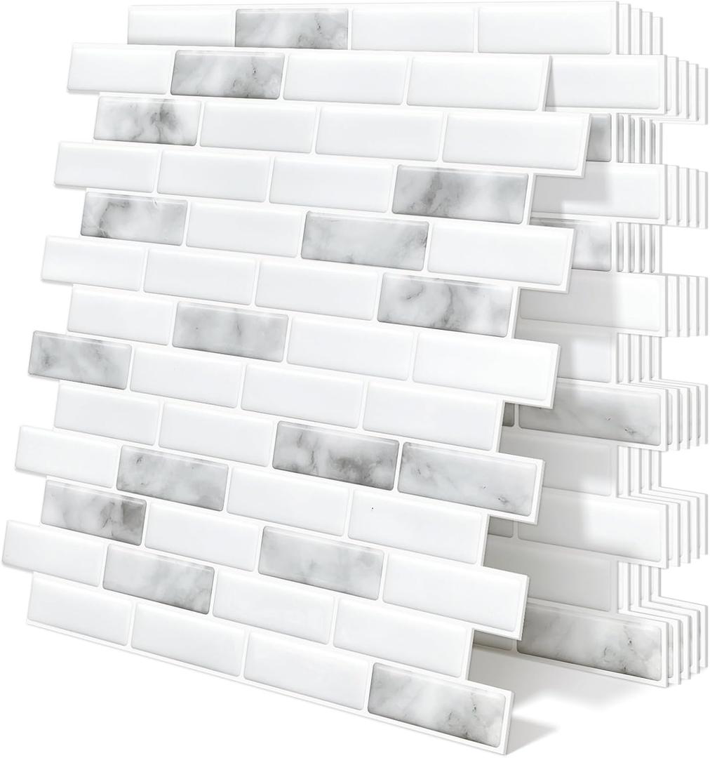 Thick Peel and Stick Backsplash Tile Self Adhesive Wall Tiles Marble for Kitchen 12"x12" (10-Sheet,Grey White)