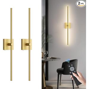 Battery Operated Wall Sconce with Remote Control, 10000mAh Dimmable Wall Sconces Set of Two, 2700K-6500K Adjustable, 7 RGB Colors, Rechargeable LED Wireless Wall Lights for Bedroom, Gold, 32 Inch set of 2