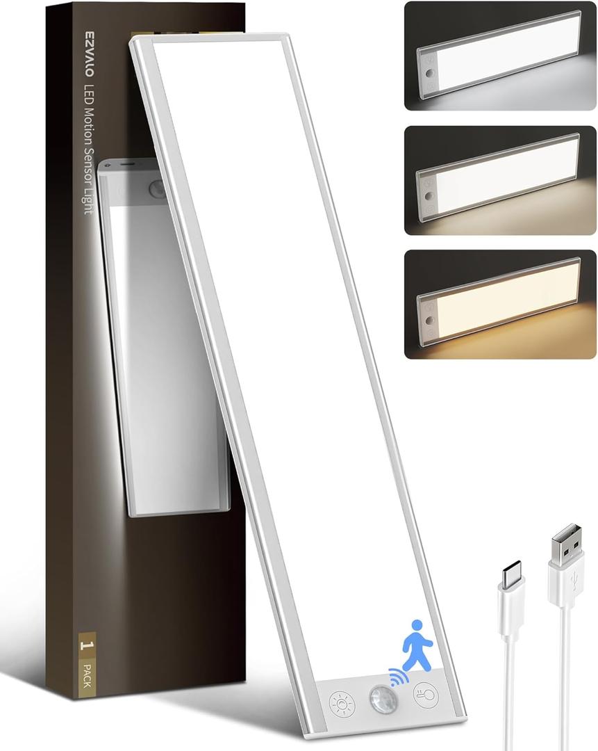 EZVALO 5000mAh Under Cabinet Lighting, 200LM Motion Sensor Light Indoor, Rechargeable Magnetic Under Counter Lights, 3 Inch Wide Panel Dimmable Closet Light for Pantry, Wardrobe, Hallway, Kitchen etc. (1 Pack)